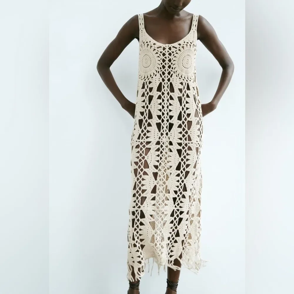 ZARA MACRAMÉ FRINGED KNIT DRESS - Picture 8 of 10